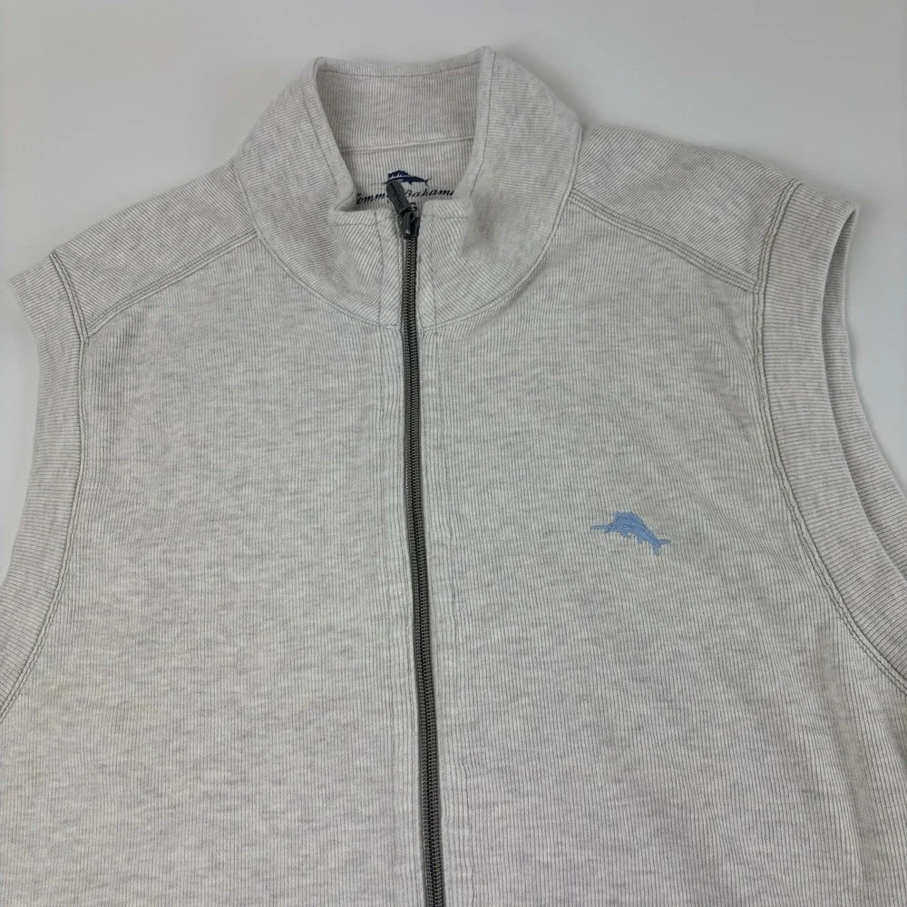 Tommy Bahama Full Zip Sweater Vest Mens Large Beige Embroidered Cotton - Picture 2 of 11